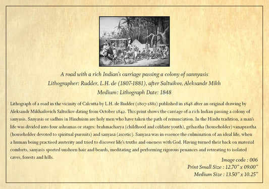 A road with a rich Indian’s carriage passing a colony of sannyasis (Code: 006) – Black & White Lithograph