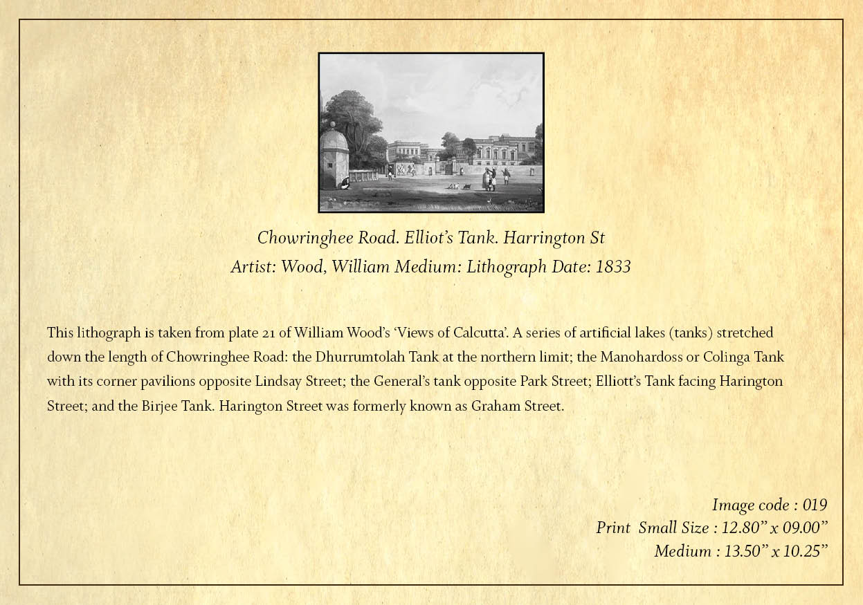 Chowringhee Road. Elliot’s Tank. Harrington St (Code: 019) – Black & White Lithograph