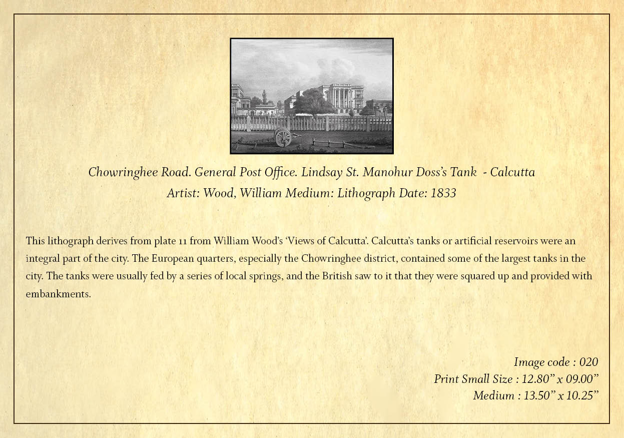 Chowringhee Road. General Post Office. Lindsay St. Manohur Doss’s Tank – Calcutta (Code: 020) – Black & White Lithograph