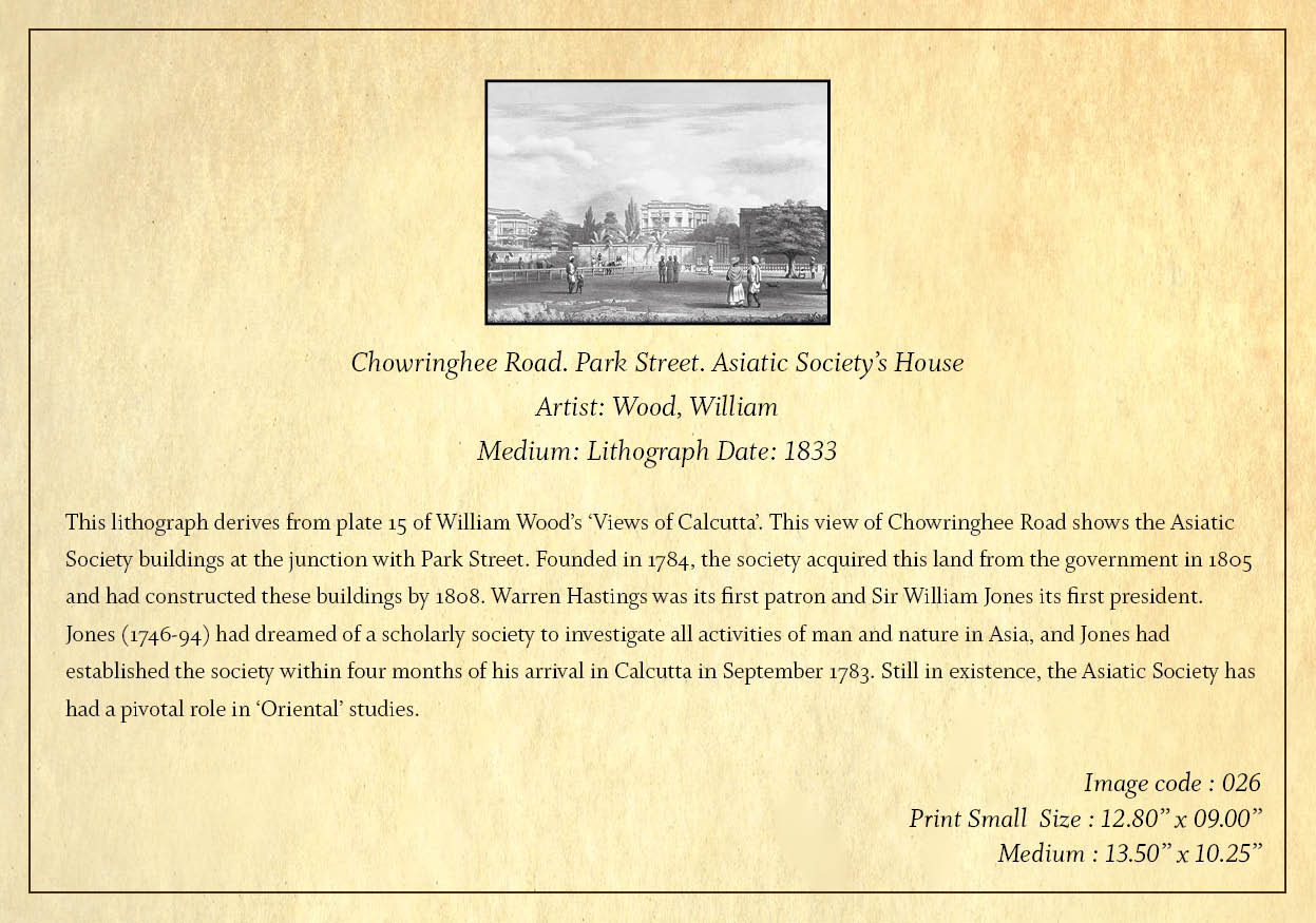 Chowringhee Road. Park Street. Asiatic Society’s House (Code: 026) – Black & White Lithograph