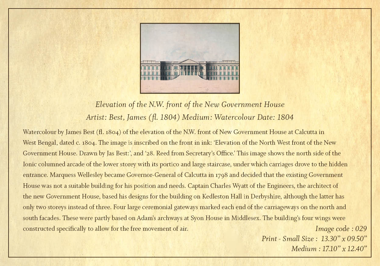 Elevation of the North West Front of the New Government House (Code: 029) – Coloured Lithograph