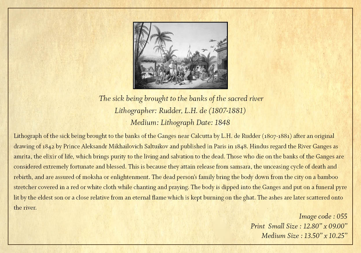 The Sick being brought to the banks of the sacred river (Code: 055) – Black & White Lithograph