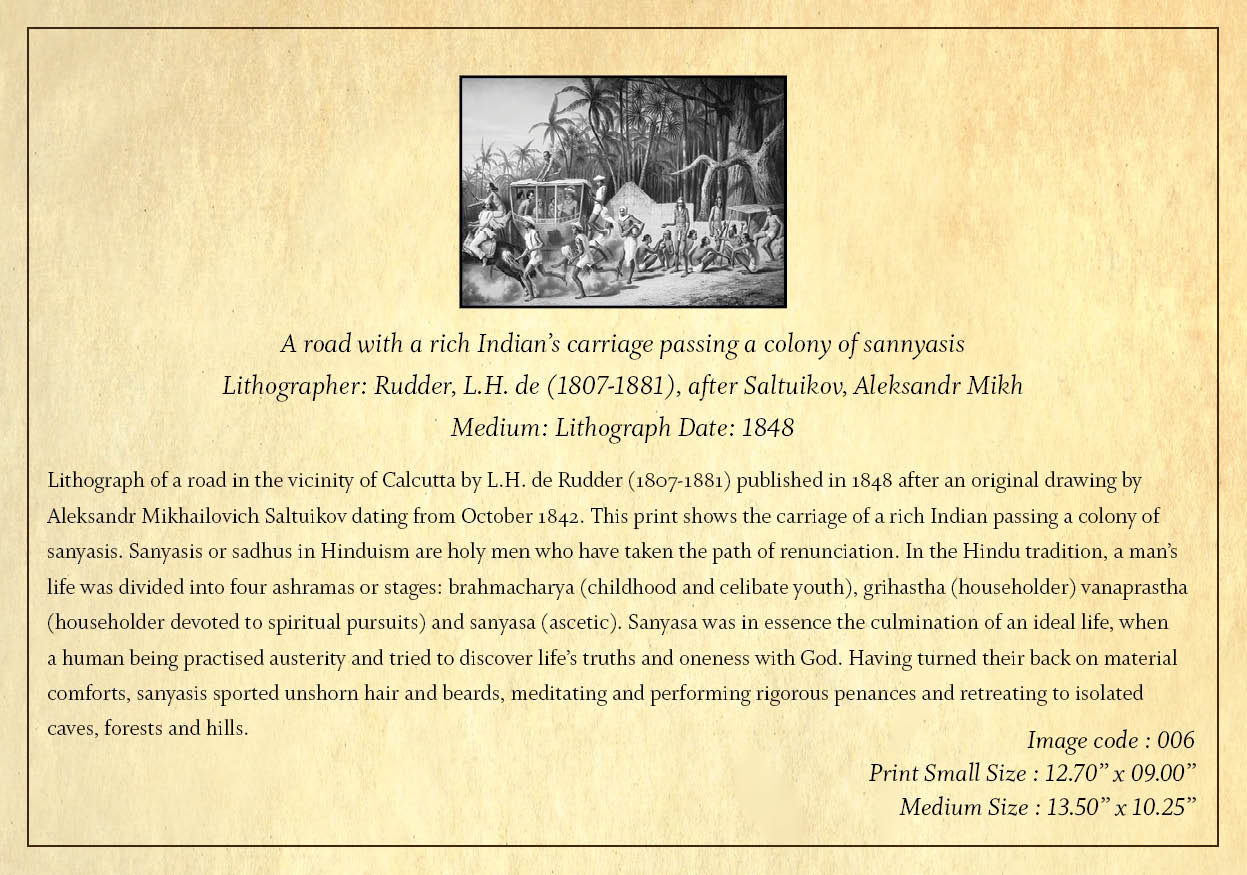 A road with a rich Indian’s carriage passing a colony of sannyasis (Code: 006) – Black & White Lithograph