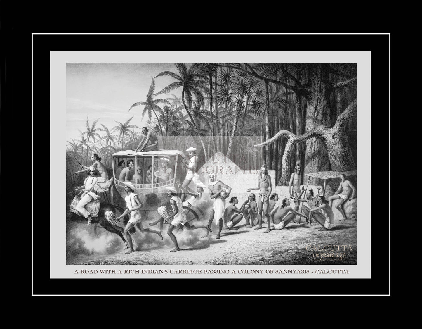A road with a rich Indian’s carriage passing a colony of sannyasis (Code: 006) – Black & White Lithograph