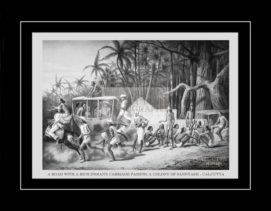 A road with a rich Indian’s carriage passing a colony of sannyasis (Code: 006) – Black & White Lithograph