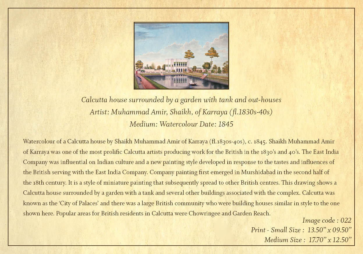Calcutta House Surrounded by a Garden with Tank and Out-Houses (Code: 022) – Coloured Lithograph