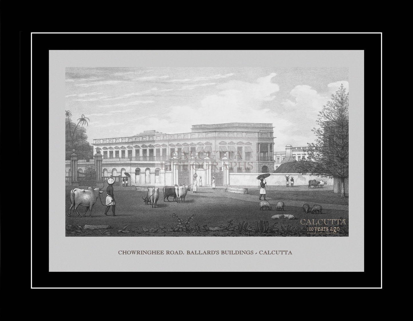 Chowringhee Road. Ballard’s Buildings – Calcutta (Code: 018) – Black & White Lithograph