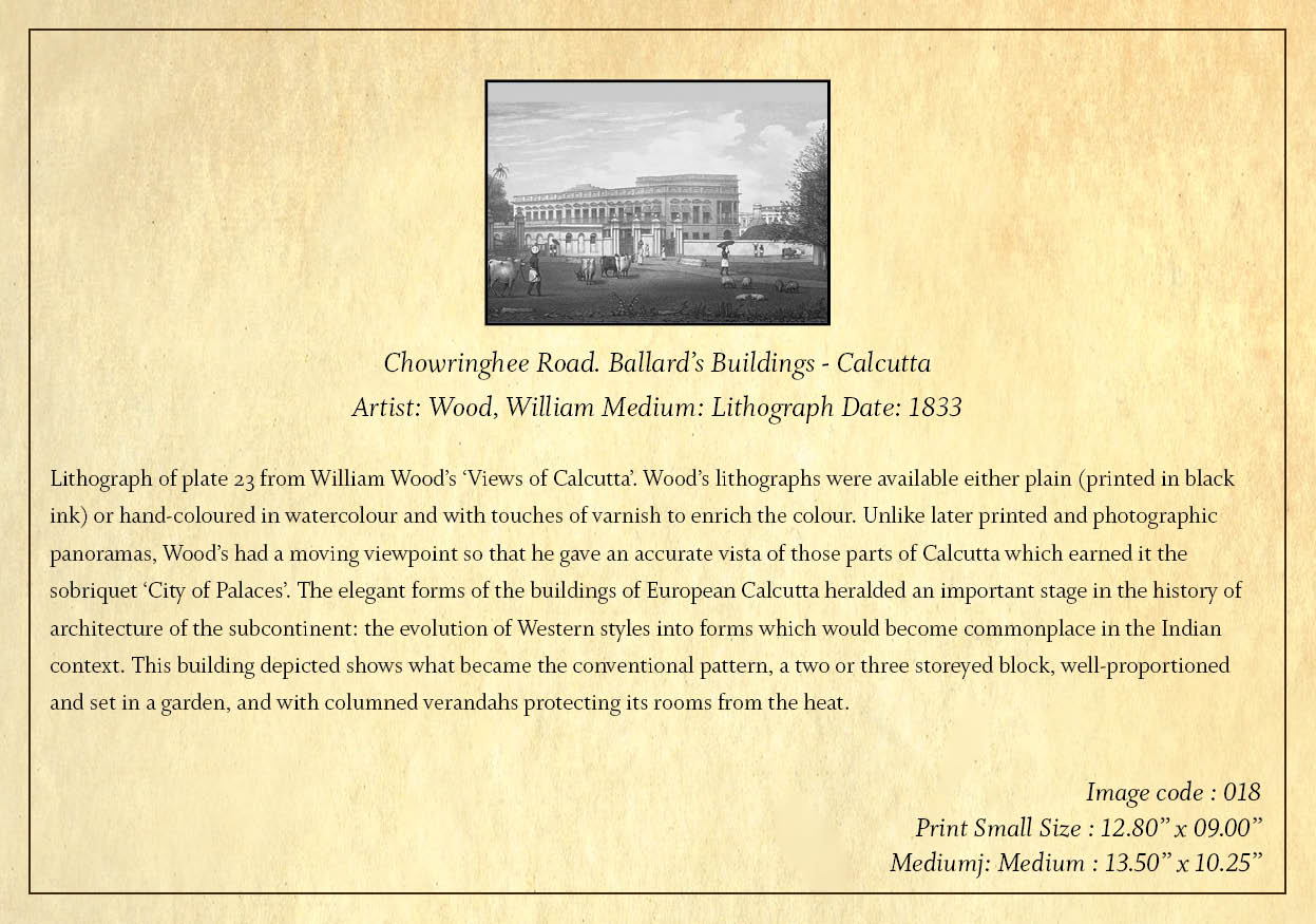 Chowringhee Road. Ballard’s Buildings – Calcutta (Code: 018) – Black & White Lithograph