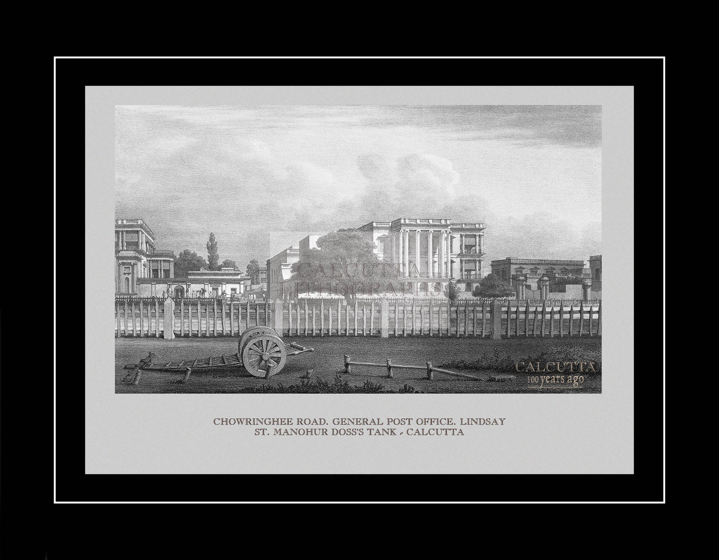 Chowringhee Road. General Post Office. Lindsay St. Manohur Doss’s  Tank – Calcutta (Code: 020) – Black & White Lithograph