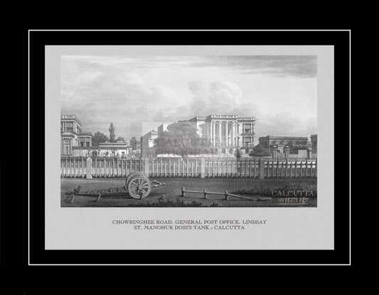 Chowringhee Road. General Post Office. Lindsay St. Manohur Doss’s  Tank – Calcutta (Code: 020) – Black & White Lithograph
