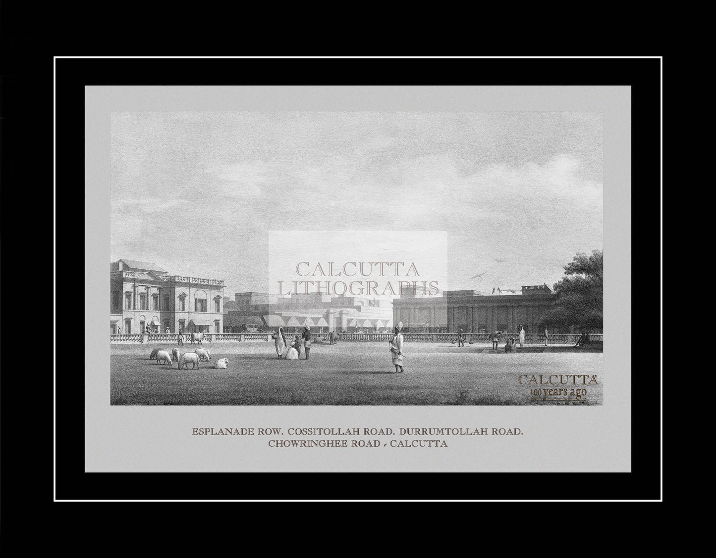 Esplanade Row. Cossitollah Road. Durrumtollah Road  Chowringhee Road – Calcutta (Code: 034) – Black & White Lithograph