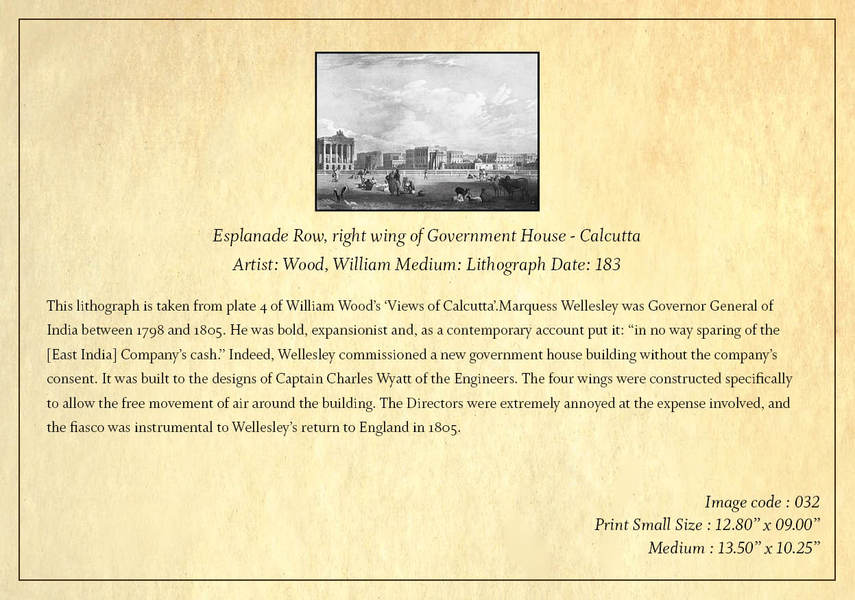 Esplanade Row, right wing of Government House – Calcutta (Code: 032) – Black & White Lithograph