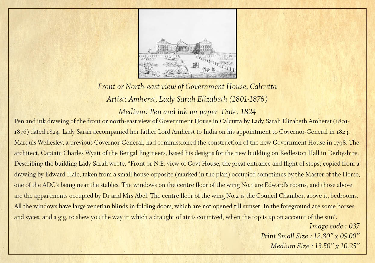 Front or North-east view of Government House, Calcutta (Code: 037) – Black & White Lithograph