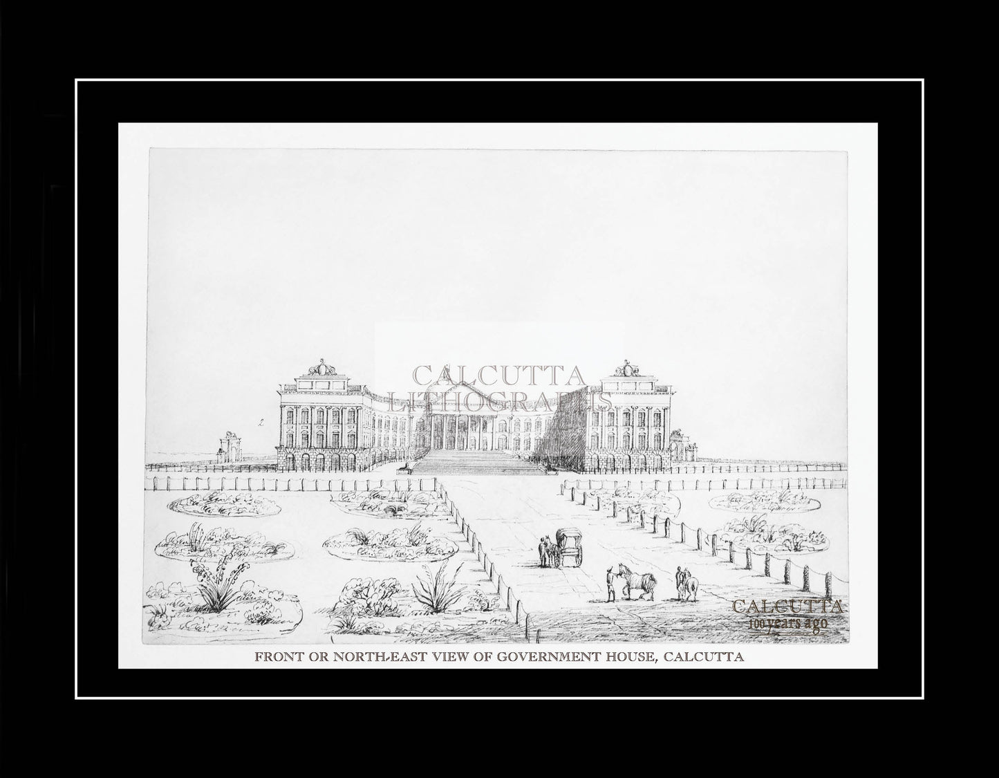Front or North-east view of Government House, Calcutta (Code: 037) – Black & White Lithograph
