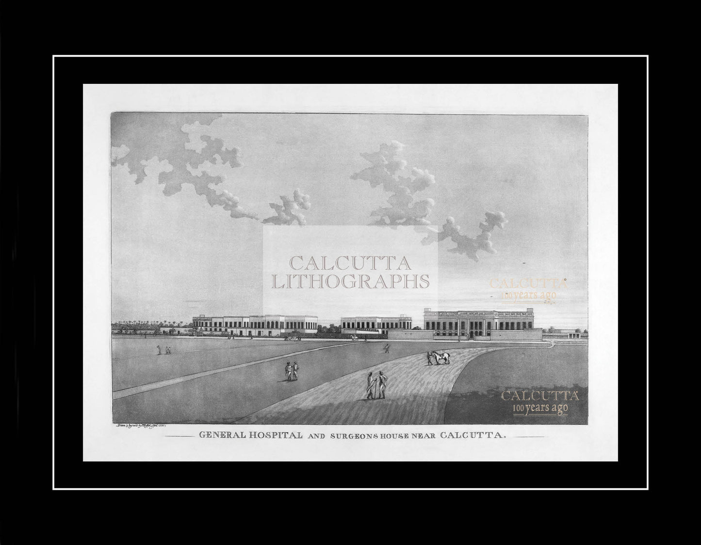 General Hospital and Surgeons House near Calcutta (Code: 042) – Black & White Lithograph