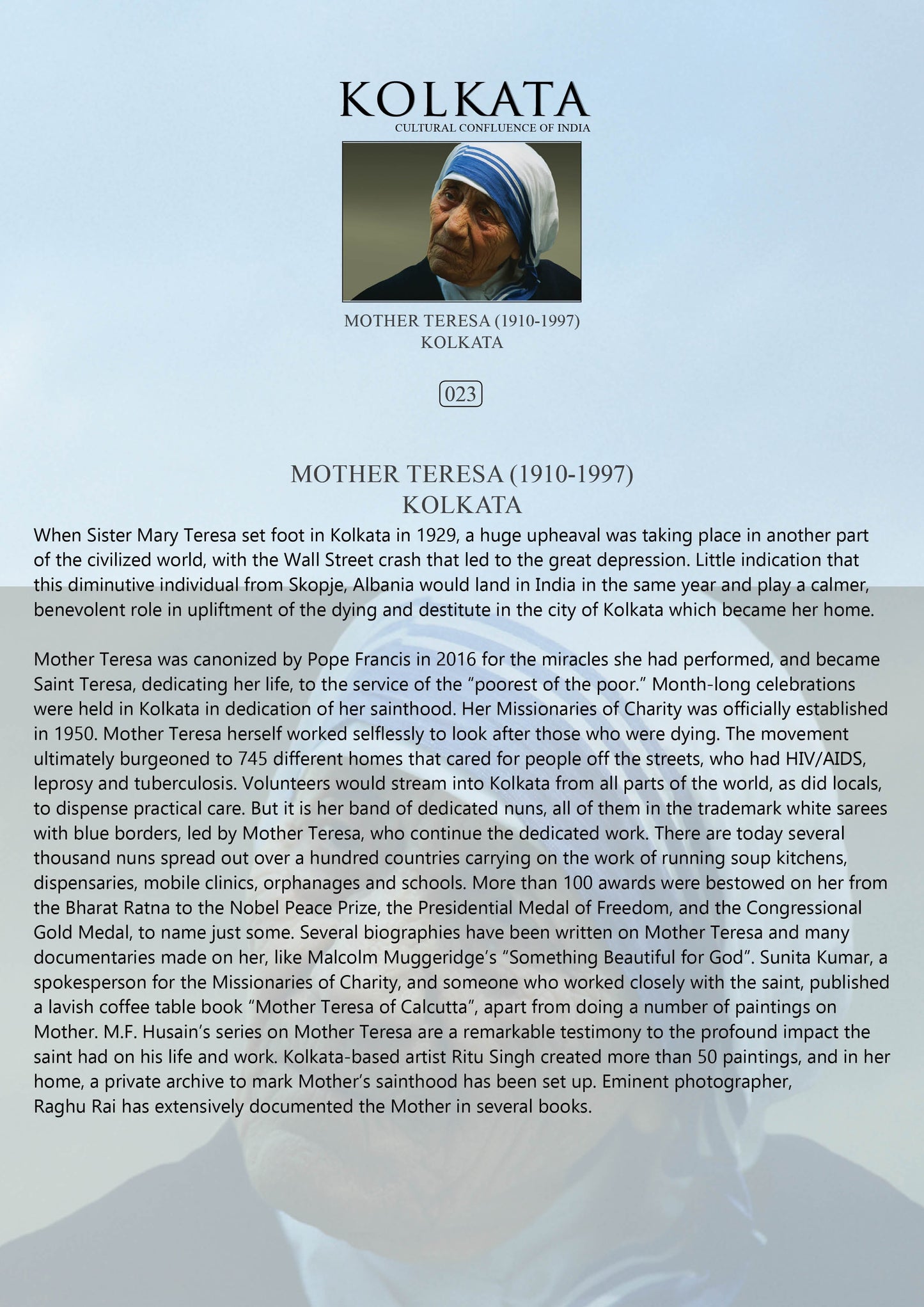 History notes – Mother Teresa (1910–1997) (Code: 23) – Wooden Frame