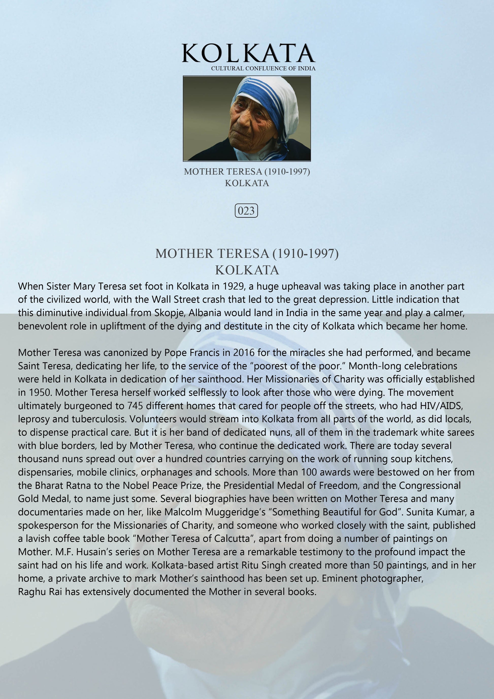 History notes – Mother Teresa (1910–1997) (Code: 23) – Wooden Frame