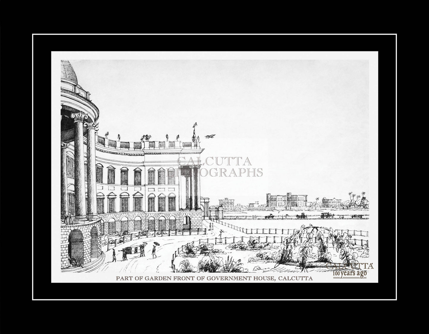 Part of garden front of Government House, Calcutta (Code: 047) – Black & White Lithograph