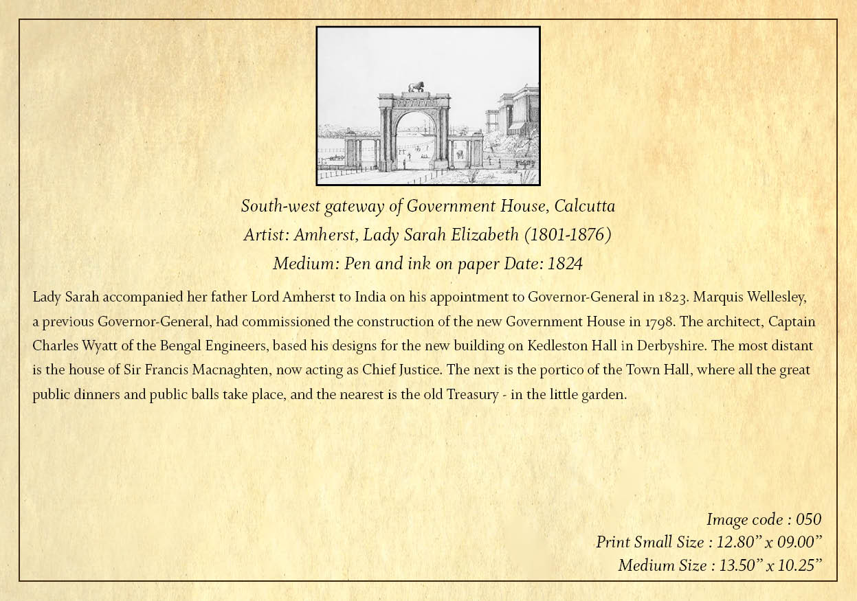 South-West Gateway of Government House, Calcutta (Code: 050) – Black & White Lithograph