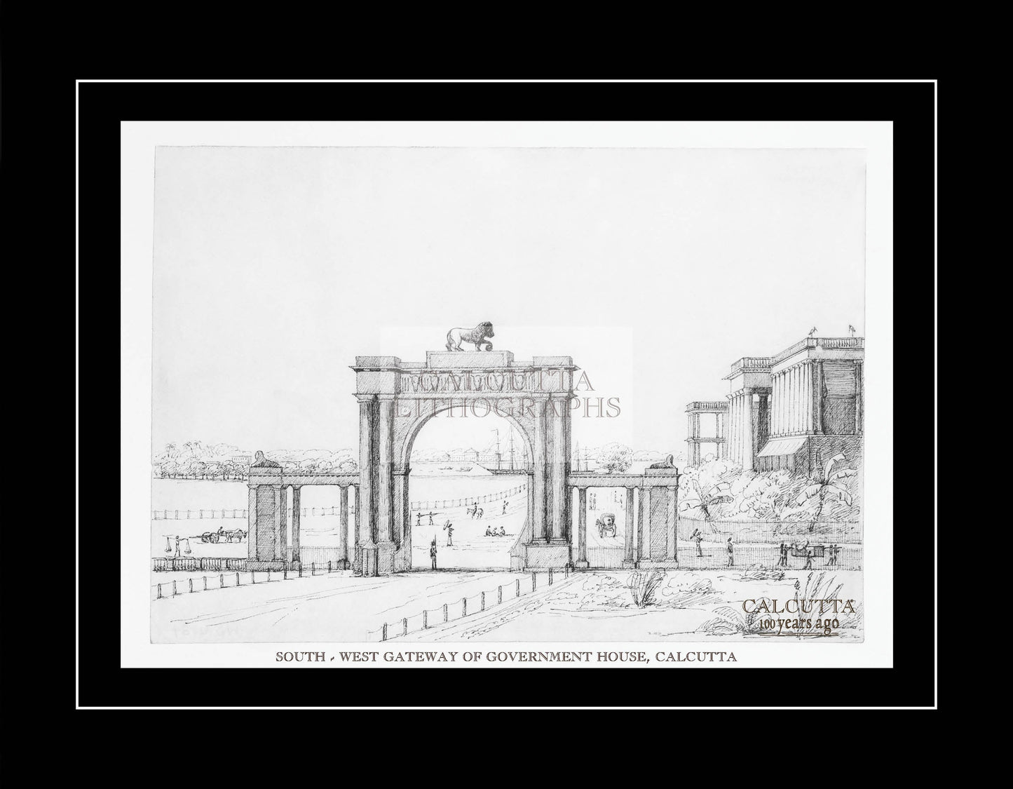 South-West Gateway of Government House, Calcutta (Code: 050) – Black & White Lithograph
