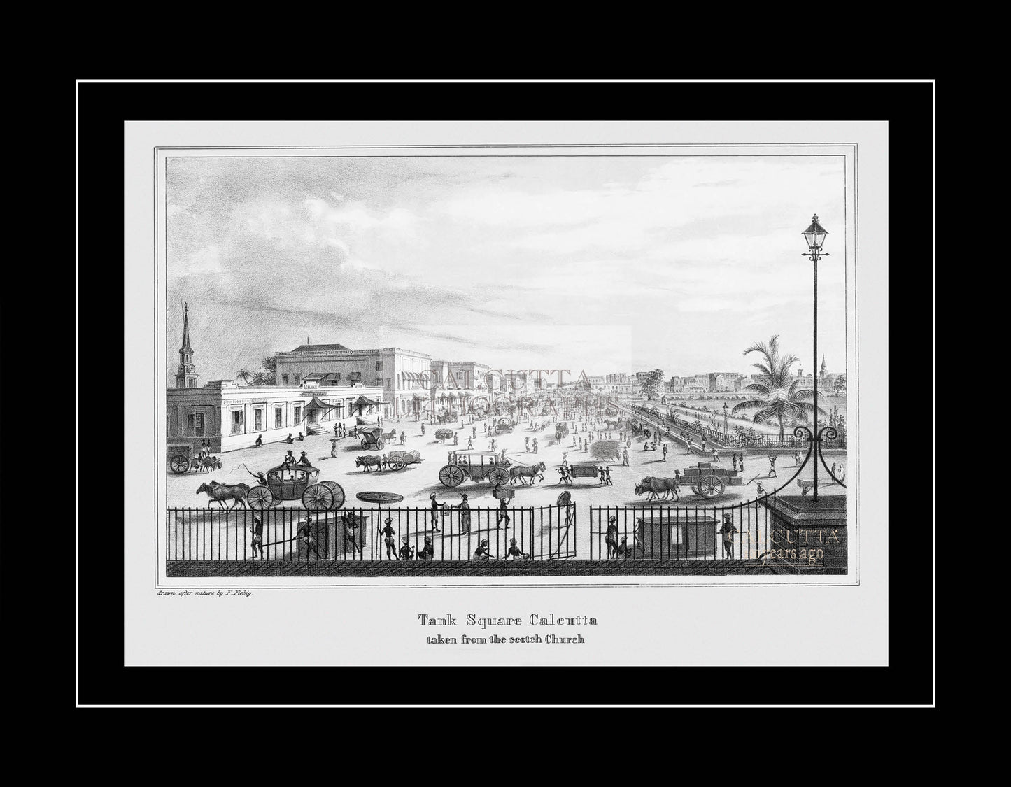 Tank Square Calcutta taken from the Scotch Church (Code: 052) – Black & White Lithograph