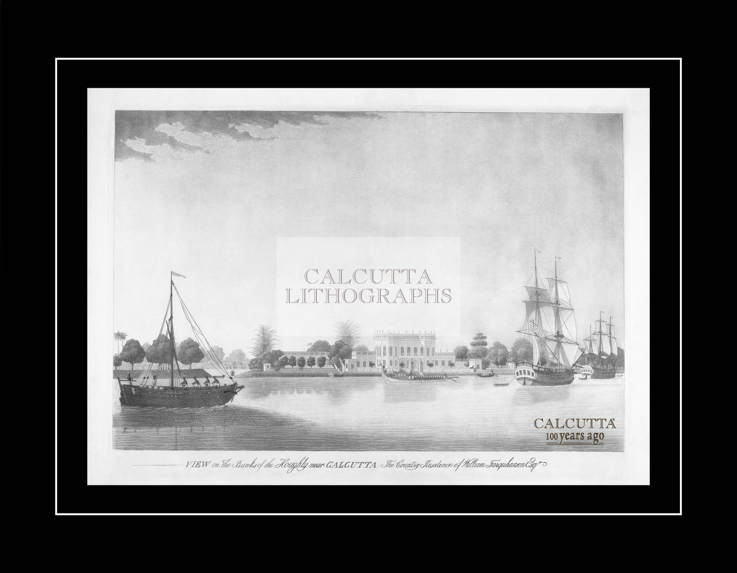 View on the banks of the Hooghly near Calcutta (Code: 058) – Black & White Lithograph