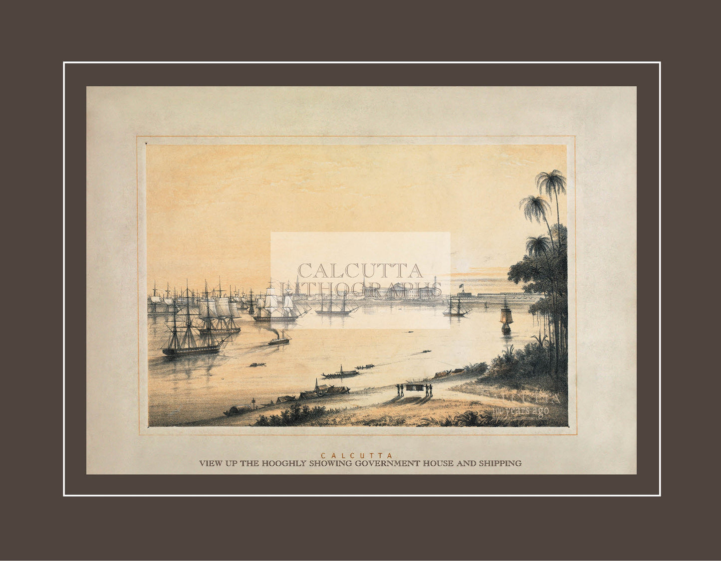 View up the Hooghly Showing Government House and Shipping (Code: 102) – Coloured Lithograph
